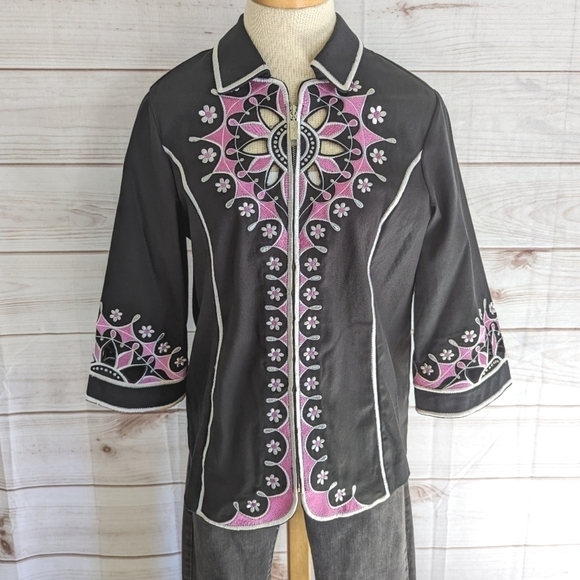 Bob Mackie Vintage Embroidered Cut Out Jacket in Black Pink and White Size Small - Picture 7 of 13